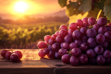Ripe purple grapes on wooden table with vineyard background glowing under warm morning sunlight, perfect for food advertising, wellness branding, organic product packaging