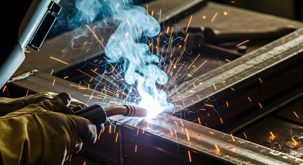 Welder Creating Sparks During Metal Fabrication Process.