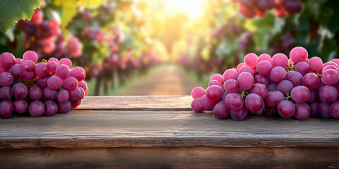 Ripe red grapes on wooden table with vineyard background glowing under warm morning sunlight, perfect for food advertising, wellness branding, organic product packaging