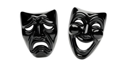 Theatrical masks depicting sadness and joy are displayed on a white background