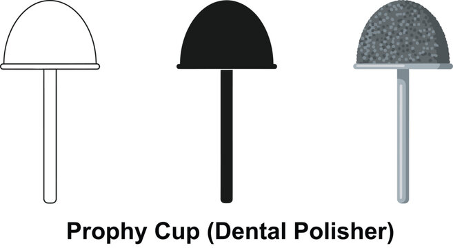 Set of three prophy cups dental polisher icons in outline solid black and textured styles isolated on white background for dental hygiene concepts
