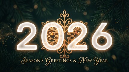 2026 Season's Greetings and New Year Holiday Card with Golden Snowflake and Pine Branches