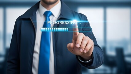 Businessman interacting with virtual progress bar interface
