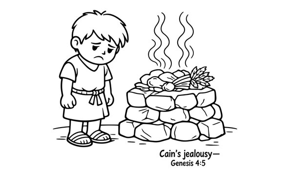 Sad boy looking at an altar with offerings, Cain's jealousy depicted in Genesis