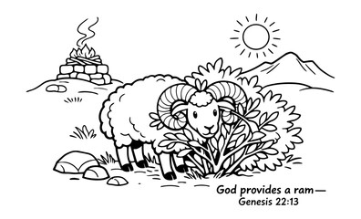 Obraz premium Biblical illustration of a ram caught in a thicket, representing divine provision