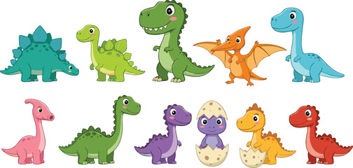 Cute Baby Dinosaur Cartoon Illustration Collection with Colorful Dino Characters and Eggs Kids Friendly Vector Set © Rumi