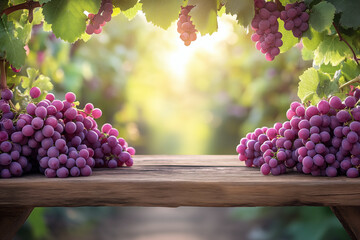 Ripe purple grapes on wooden table with vineyard background glowing under warm morning sunlight, perfect for food advertising, wellness branding, organic product packaging