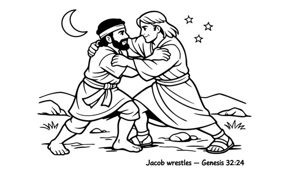 Jacob wrestles with an angel at night, a biblical scene from Genesis