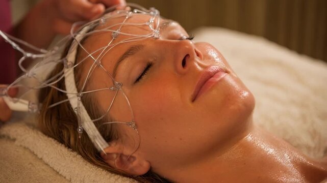 Closeup medium shot of a client enjoying a hydrotherapy facial featuring gentle microcurrent technology stimulating facial muscles for enhanced skin tone.