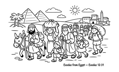 Biblical Exodus from Egypt with families, donkey, and pyramids in background