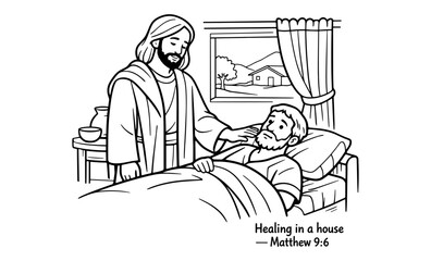 Jesus healing a sick man in bed, a biblical scene of compassion and care