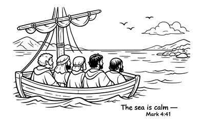 Jesus and disciples in a boat on a calm sea, biblical illustration