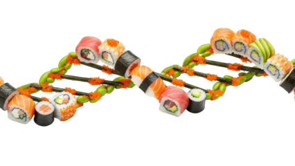 Sushi rolls and edamame beans arranged in a D N A double helix structure on black background food