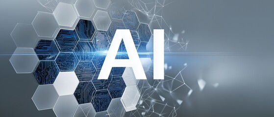 Technology concept template featuring AI lettering on a hexagonal circuit pattern, with monochromatic contrast and ample space for customization.
