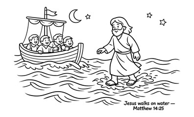Jesus walks on water towards a boat with disciples under a starry night sky