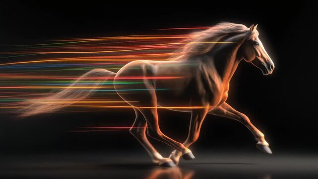 Cinematic abstract opening video inspired by the power and freedom of horse movement, expressed through flowing light and energy forms. Ideal for cinematic intros and brand openers.