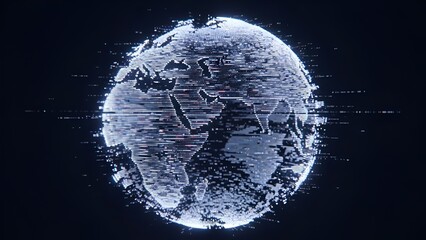 Digital earth futuristic globe visualization with glitch effect, data stream