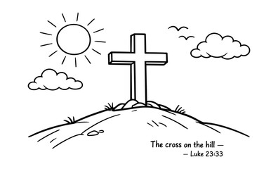 Simple line drawing of a cross on a hill with sun and clouds
