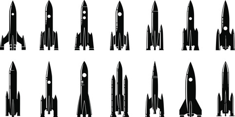 Rocket Ship Silhouette Collection Featuring Spacecraft Launch Exploration Technology and Science Fiction Symbols Black Vector Set