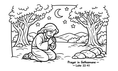 Jesus praying in the Garden of Gethsemane under the night sky
