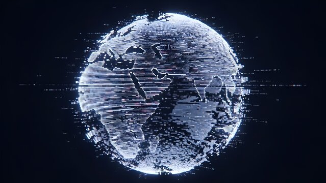 Digital earth futuristic globe visualization with glitch effect, data stream - Powered by Adobe