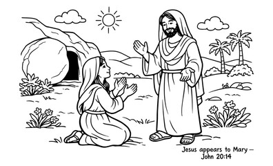 Jesus appears to Mary Magdalene outside the empty tomb on Easter morning