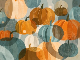 Abstract Textured Pumpkin Illustration with Muted Teal and Orange Tones for Autumn Harvest Design