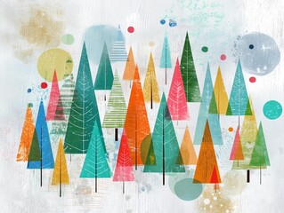 Whimsical Multi-Colored Patterned Forest Winter Landscape Art