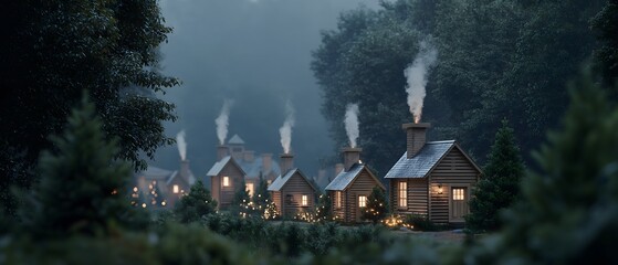 A charming, whimsical village nestled amongst tall, evergreen trees, with cozy homes, each releasing gentle wisps of smoke from their chimneys, creates a captivating scene.