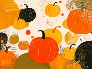 Artistic Colorful Pumpkin Illustration with Mixed Media Textures, Dots, and Scribbles