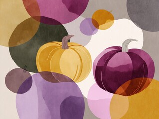 Abstract Translucent Watercolor Style Pumpkin and Circle Composition