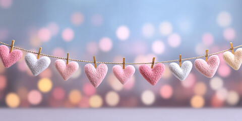 Soft fuzzy hearts on string with bokeh lights background.  Plush textile hearts in pastel colors. For Valentine's Day, love themes, romantic occasions, weddings, baby showers, nursery decor