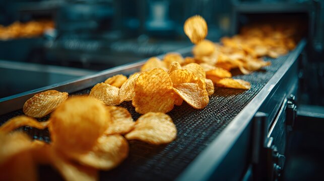 Crispy potato chips move along an industrial conveyor belt, featuring golden fried snacks and motion blur on the factory production line.