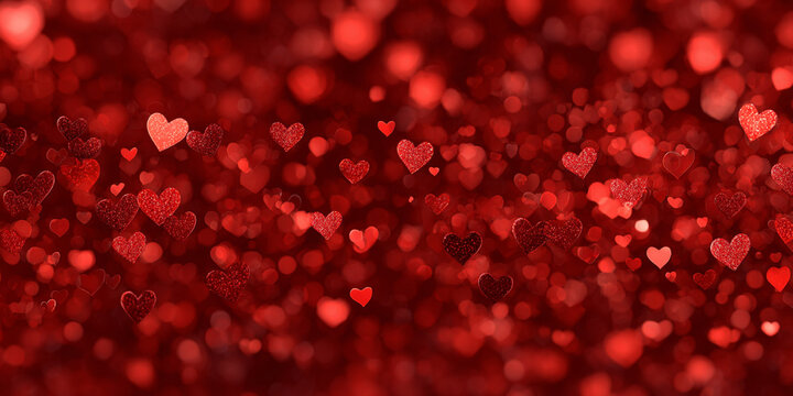 Romantic red glitter hearts background with shimmering bokeh lights. For Valentine's Day promotions, wedding invitations, anniversary greetings, and romantic digital wallpapers. Sparkling red hearts.