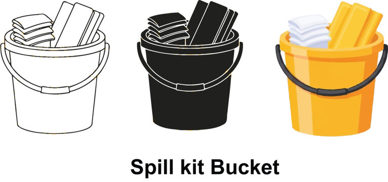 Collection of spill kit buckets including outline silhouette and colored vector illustrations for safety and cleaning concepts