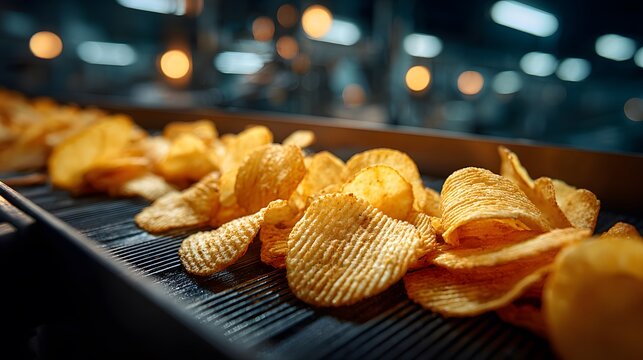 Crispy potato chips move along an industrial conveyor belt, featuring golden fried snacks and motion blur on the factory production line.
