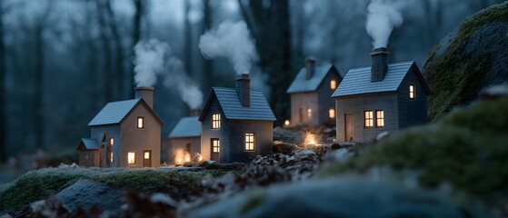 A quaint village nestled within a tranquil forest, where the soft glow of interior lights streams from the houses. Smoke gently rises from their chimneys, creating an atmosphere of peace and serenity.