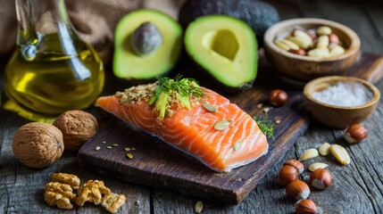 Healthy Omega Rich Food with Fresh Salmon, Avocado, Nuts and Olive Oil