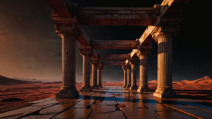 Fototapeta premium Allée pavée avec colonnes, paysage surréaliste nocturne