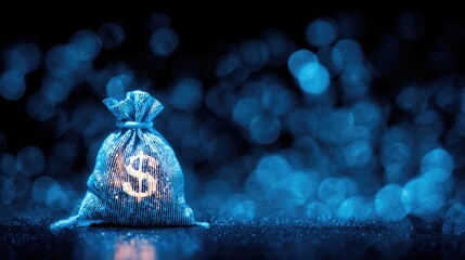 Blue Digital Money Bag Symbolizing Cryptocurrency and Fintech Future