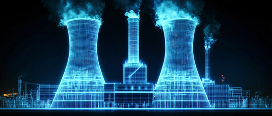 A nuclear power plant showcases blue holographic wireframe details, depicting smokestacks and towers, emphasizing advanced energy concepts in a unique visual style
