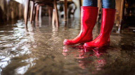 Red Rubber Boots Standing in Flooded Home Interior After Water Damage