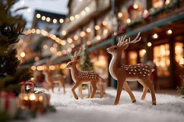 Festive deer figurines, illuminated by twinkling lights and bathed in a warm glow, adorn a charming village scene, evoking the magic and wonder of the holiday season.