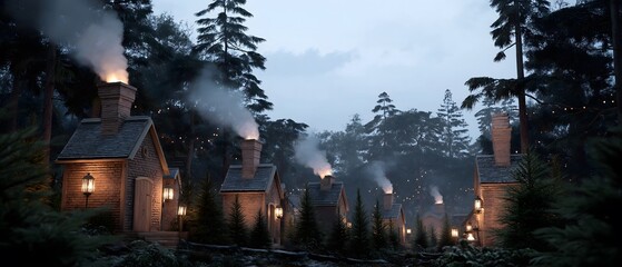 A row of charming cottages nestled within a forest, with smoke billowing from chimneys, illuminated by the warm glow of lanterns, creating a tranquil and inviting atmosphere.