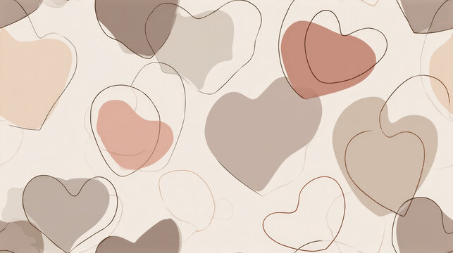 Minimal seamless valentine pattern with abstract heart shapes and line art in soft neutral tones, modern romantic background for elegant love themed designs