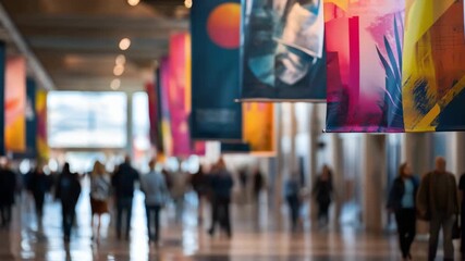Medium shot focused on vibrant indoor largeformat banners hung in a busy exhibition hall illustrating the impact of bold graphics and ecoconscious production methods.