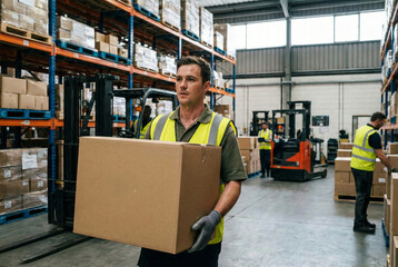 Employee In Safety Vest Transferring Boxes Within Bustling Warehouse Environment
