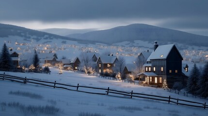 A tranquil winter village at dusk, nestled amidst a snowy landscape, houses glow warmly. The picturesque setting and serene atmosphere evoke a sense of peaceful isolation.