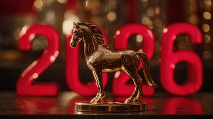 Golden Horse Trophy in Front of Bright Red Numbers Celebrating New Year