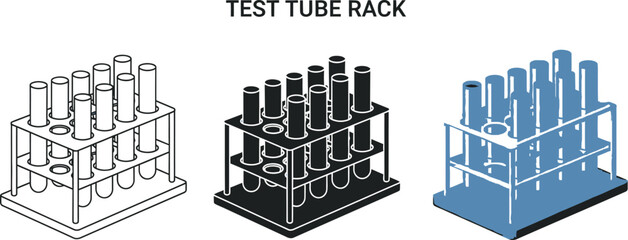 Collection of test tube rack icons in different styles representing laboratory equipment for science and research isolated on white background © Ahmad